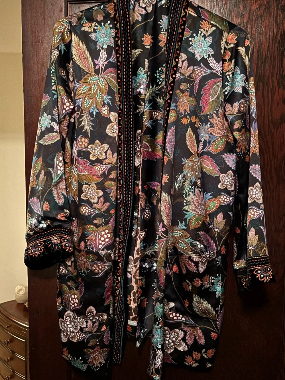 Johnny Was Workshop Black Satin “Smoking Jacket” with Multicolor Embroidery - Picture 1 of 3